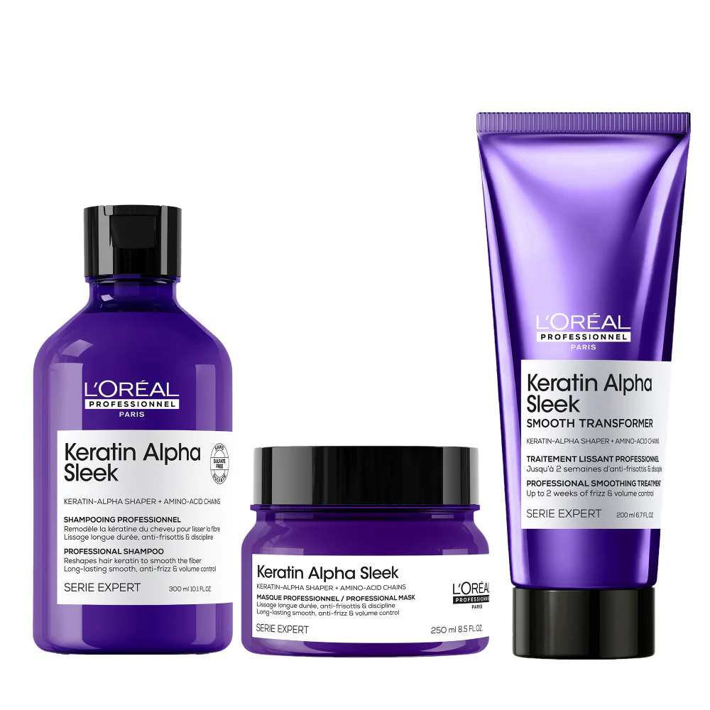 L'Oreal Professionnel Serie Expert Keratin Alpha Sleek Shampoo 300ml, Hair Mask 250ml & Smooth Transformer Hair Treatment 250ml Trio