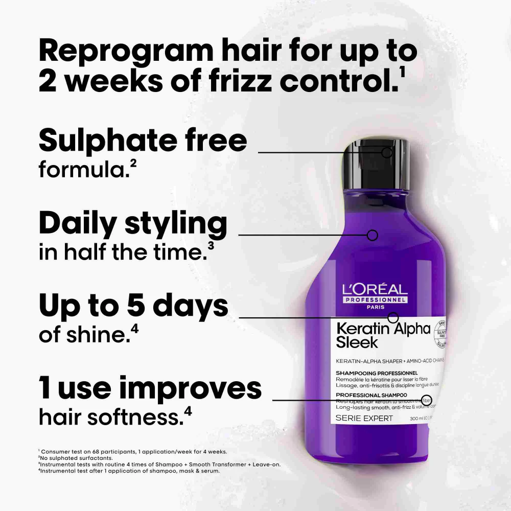 L'Oreal Professionnel Serie Expert Keratin Alpha Sleek Shampoo 300ml, Hair Mask 250ml & Smooth Transformer Hair Treatment 250ml Trio - Image 2