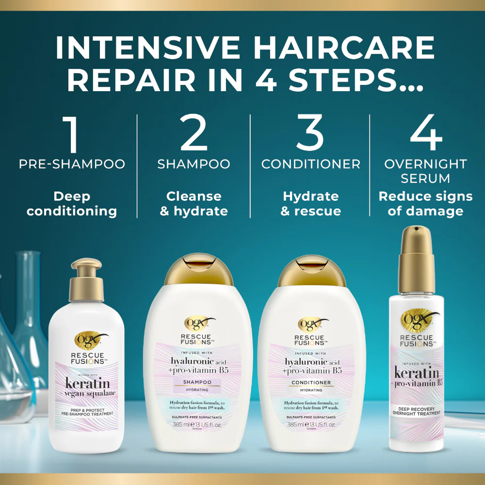 OGX Rescue Fusions Hyaluronic Acid & Pro-Vitamin B5 Hydrating Shampoo 385ml - Image 4